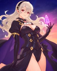 1girl armor black_armor black_gloves black_hairband black_leotard breasts cape cleavage dragonstone elbow_gloves female_corrin_(fire_emblem) female_corrin_(nohr_noble)_(fire_emblem) fire_emblem fire_emblem_fates fire_emblem_heroes gloves grey_hair hair_between_eyes hairband highres leotard long_hair looking_at_viewer medium_breasts nintendo official_alternate_costume pointy_ears red_eyes smile solo thighs truejekart two-tone_cape white_hair