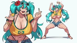 1girl animated animated_gif bouncing_breasts brazilian_miku breasts closed_eyes earrings female_focus geulimykun_(skbyunea413) green_hair happy hatsune_miku highres huge_breasts jewelry looking_at_viewer meme piercing simple_background smile solo solo_focus sunglasses sunglasses_on_head tan tanline twintails vocaloid white_background