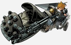 1boy baggy_pants black_gloves blonde_hair buster_sword closed_mouth cloud_strife final_fantasy final_fantasy_vii final_fantasy_vii_remake full_body gloves grey_background highres holding holding_sword holding_weapon huge_weapon male_focus motor_vehicle motorcycle on_motorcycle pants short_hair sleeveless sleeveless_turtleneck solo spiked_hair sweater sword turtleneck turtleneck_sweater weapon yatgam