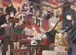 Rule 34 | 3girls, 6+boys, against railing, animal ears, antlers, arknights, banner, bassline (arknights), belt, black belt, black capelet, black dress, black eyes, black gloves, black hair, black halo, blue eyes, broken halo, brown cardigan, brown pants, candlestand, capelet, cardigan, cellphone, champagne flute, closed eyes, coat, collared shirt, commentary request, cup, czerny (arknights), deer antlers, deer boy, deer ears, deer girl, dress, drinking glass, ebenholz (arknights), executor (arknights), executor the ex foedere (arknights), feet, fingerless gloves, food, from behind, gloves, goat boy, goat ears, goat horns, grand piano, grey hair, hair over one eye, halo, hand on own head, hibiscus (arknights), hibiscus the purifier (arknights), highres, holding, holding candlestand, holding tray, horns, indoors, instrument, kreide (arknights), long sleeves, looking at another, multiple boys, multiple girls, music, music stand, noshima, open mouth, pants, peeking, phone, piano, plate, playing instrument, playing piano, purple eyes, purple hair, railing, red eyes, red scarf, scarf, sheet music, shirt, sitting, smile, stairs, surprised, tray, veil, violin, virtuosa (arknights), virtuosa (diversity oneness) (arknights), viviana (arknights), wavy hair, white coat, white shirt, white veil, wolf ears, yellow eyes