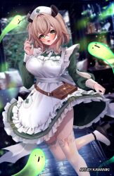 1girl breasts brown_hair cowboy_shot dress garter_straps green_dress green_eyes hat highres indie_virtual_youtuber kamaniki large_breasts medium_hair nimi_nightmare nurse_cap solo_focus standing standing_on_one_leg thighhighs virtual_youtuber white_thighhighs