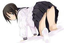 1girl all_fours bad_id bad_pixiv_id bent_over black_eyes black_hair blush female_focus from_behind looking_back moonsorrow original school_uniform socks solo