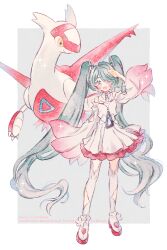 1girl aqua_hair blush dress flower footwear_flower full_body gen_3_pokemon hatsune_miku latias layered_dress legendary_pokemon long_hair looking_at_viewer mugen_no_ticket_(vocaloid) nintendo official_alternate_costume open_mouth pokemon pokemon_(creature) project_voltage ryokuno_green shading_eyes solo thighhighs twintails very_long_hair vocaloid white_flower white_thighhighs yellow_eyes