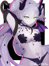 1girl aki_utsutsu bat_wings collarbone expressionless fate/grand_order fate_(series) green_eyes highres lilith_(fate) looking_at_viewer snake solo stomach_tattoo tattoo twintails twitter_username underwear white_hair wings