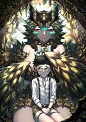 1boy 1girl absurdres age_difference bandages breasts commentary darros_(artist) feathered_wings harpy highres indoors large_breasts male_focus monster_girl nervous nest original shorts sitting sitting_on_lap sitting_on_person textless_version trapped winged_arms wings