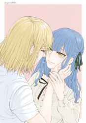 2girls bang_dream! bang_dream!_it&#039;s_mygo!!!!! blonde_hair blue_hair blush border closed_eyes closed_mouth commentary green_ribbon hair_ribbon hand_on_another&#039;s_face hashtag-only_commentary highres holding_another&#039;s_wrist long_sleeves looking_at_another medium_hair misumi_uika multiple_girls pink_background ribbon ryerissachiron shirt short_sleeves simple_background smile togawa_sakiko twitter_username two_side_up white_border white_shirt yellow_eyes yuri
