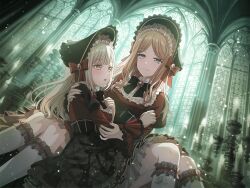2girls bang_dream! bang_dream!_it&#039;s_mygo!!!!! black_bonnet black_bow black_bowtie black_corset bonnet bow bowtie brown_eyes candle corset dress frilled_socks frills game_cg green_hair indoors kneehighs long_hair long_sleeves multiple_girls nagasaki_soyo nail_polish official_art open_mouth red_bow red_dress red_nails sidelocks socks third-party_source wakaba_mutsumi white_socks yellow_eyes