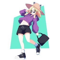 1girl absurdres adjusting_eyewear bag black-framed_eyewear blonde_hair blue_background contemporary full_body hair_ribbon handbag hat highres holding holding_bag hood hood_down hoodie long_sleeves looking_at_viewer midriff moriya_suwako pioartstuff purple_hoodie red_ribbon ribbon shoes short_shorts shorts sneakers socks solo sunglasses tongue tongue_out touhou two-tone_background white_background white_socks yellow_eyes