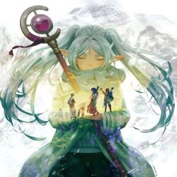 2boys 2girls axe bandaged_arm bandages battle_axe black_gloves capelet closed_eyes coat double-sided_axe double_exposure dress elf fern_(sousou_no_frieren) fingerless_gloves flower frieren gloves highres holding holding_staff holding_suitcase low_ponytail mage_staff multiple_boys multiple_girls parted_bangs pointy_ears ponytail purple_flower purple_hair red_coat red_hair robe sein_(sousou_no_frieren) shirt short_ponytail smile sousou_no_frieren staff stark_(sousou_no_frieren) straight_hair striped_clothes striped_shirt suitcase tim_yan twintails weapon white_capelet white_dress white_hair yellow_flower