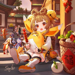 &gt;_&lt; 4boys 6+girls :3 ;p architecture artist_name backpack_basket bag bare_shoulders basket bead_necklace beads bell black_gloves black_headwear blue_dress blue_hair blunt_bangs blush book boots bow bow-shaped_hair braid braided_hair_rings brown_eyes brown_hair building cape china_dress chinese_clothes chongyun_(genshin_impact) closed_mouth coin_hair_ornament commentary_request day dress east_asian_architecture eyelashes flower food full_body genshin_impact gloves grey_hair guoba_(genshin_impact) hair_bell hair_ornament hair_rings hat highres holding holding_book holding_food hu_tao_(genshin_impact) jewelry jingle_bell jueyun_chili_pepper_(genshin_impact) lantern lattice leaning_forward long_hair long_sleeves looking_at_another looking_at_viewer madame_ping_(genshin_impact) multiple_boys multiple_girls necklace ofuda one_eye_closed open_mouth orange_hair outdoors porkpie_hat pouch puffy_long_sleeves puffy_sleeves purple_cape purple_eyes purple_hair purple_headwear qingdai_guanmao qiqi_(genshin_impact) radish red_bow shirt short_hair sidelocks signature sitting siya_ho sky sleeveless sleeveless_shirt standing tanghulu tassel tongue tongue_out tree twintails very_long_hair vision_(genshin_impact) white_flower white_footwear wide_sleeves window xiangling_(genshin_impact) xiao_(genshin_impact) xingqiu_(genshin_impact) yanfei_(genshin_impact) yaoyao_(genshin_impact) yellow_dress yuegui_(genshin_impact) zhongli_(genshin_impact)