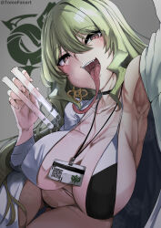 1girl absurdres arm_up armpits bikini breasts card choker earrings fangs green_hair highres holding honkai_(series) honkai_impact_3rd huge_breasts jewelry lab_coat long_hair long_tongue looking_at_viewer mobius_(honkai_impact) naughty_face open_mouth red_eyes saliva saliva_trail solo string_bikini swimsuit tomodachi_(tomofanart) tongue vial