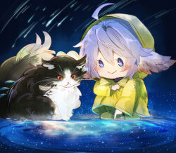 1girl ahoge animal animal_ears black_fur blue_eyes blue_hair blush boots cat commentary_request ewiyar_(granblue_fantasy) flower-shaped_pupils fluffy galaxy granblue_fantasy harvin pointing raincoat rubber_boots shaodw22 shooting_star squatting symbol-shaped_pupils wamdus_(granblue_fantasy) whiskers white_fur yellow_boots yellow_raincoat