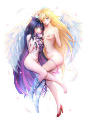 Rule 34 | 2girls, absurdres, blonde hair, blue eyes, breasts, covering breasts, covering privates, feathered wings, green eyes, highres, holding, holding stuffed toy, honekoneko (psg), long hair, medium breasts, multiple girls, nail polish, panties, panties around leg, panty &amp; stocking with garterbelt, panty (psg), pink panties, pinkuempire, purple hair, red shoes, shoes, single shoe, stocking (psg), striped clothes, striped thighhighs, stuffed toy, thighhighs, thighhighs pull, toenail polish, toenails, topless female, underwear, very long hair, wings
