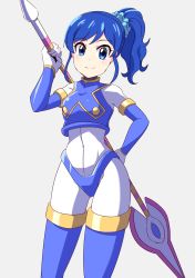 1girl aikatsu! aikatsu!_(series) arm_behind_back arm_up blue_eyes blue_hair boots breasts closed_mouth cosplay fumiki_rikiya hair_ornament hair_scrunchie highres holding holding_weapon kiriya_aoi fairy_leviathan_(mega_man) looking_at_viewer mega_man_(series) mega_man_zero_(series) polearm ponytail scrunchie side_ponytail simple_background smile solo spear thigh_boots thighhighs weapon white_background