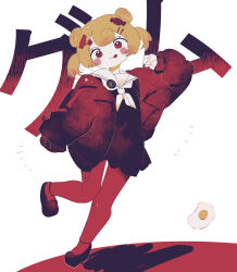 1girl :p animal_ears arknights bear_ears black_dress black_shoes blonde_hair blush_stickers candy_hair_ornament dress food-themed_hair_ornament fried_egg full_body gummy_(arknights) hair_ornament hairclip head_tilt highres jacket lollipop_hair_ornament long_sleeves match_bou_(match_match03) neckerchief open_clothes open_jacket pantyhose puffy_long_sleeves puffy_sleeves red_eyes red_jacket red_pantyhose sailor_collar sailor_dress shoes sleeves_past_fingers sleeves_past_wrists solo standing standing_on_one_leg tongue tongue_out translation_request twintails white_background white_neckerchief white_sailor_collar