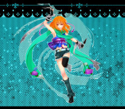 1girl belt black_gloves black_shoes black_thighhighs blue_background blue_scarf blue_shirt blue_shorts blush commentary_request dagger fingerless_gloves full_body gloves grey_belt holding holding_dagger holding_knife holding_weapon knife kunai looking_at_viewer medium_hair obi open_mouth orange_eyes orange_hair original oto_o10 purple_sash sash scarf shirt shoes short_shorts shorts sleeveless sleeveless_shirt smile solo standing standing_on_one_leg thighhighs weapon