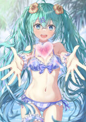 1girl :d aqua_hair bikini blue_bikini blue_eyes blue_ribbon blurry blurry_background blurry_foreground blush bow bow_bikini collarbone cowboy_shot crossed_bangs floating_hair flower fortissimo frilled_bikini frills hair_between_eyes hair_flower hair_ornament hatsune_miku heart hibiscus highres long_hair looking_at_viewer musical_note musical_note_hair_ornament neck_ribbon open_mouth outstretched_hand plaid_bikini plaid_clothes qussie ribbon side-tie_bikini_bottom smile solo standing summer swimsuit thigh_gap thigh_strap very_long_hair vocaloid wrist_cuffs