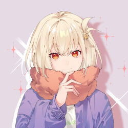 Rule 34 | 1girl, alternate costume, blonde hair, blue jacket, bob cut, casual, closed mouth, dated commentary, hair ornament, hand up, jacket, light smile, long sleeves, looking at viewer, lycoris recoil, nishikigi chisato, one side up, open clothes, open jacket, orange scarf, pink background, print shirt, red eyes, scarf, shadow, shirt, short hair, simple background, solo, sparkle, straight-on, triangle hair ornament, upper body, walluka, white shirt