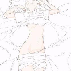 1girl bed_sheet blush breasts clothes_lift clothes_pull commentary_request hair_between_eyes hands_up highres kamotsu lying medium_breasts on_back original panties panty_pull shirt shirt_lift short_shorts short_sleeves shorts shorts_pull solo spot_color stomach underboob underwear white_hair white_shirt white_shorts