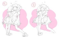2girls :3 against_wall age_difference ahoge alternate_costume alternate_hairstyle apron arched_bangs bow closed_eyes closed_mouth commentary dress frilled_apron frilled_dress frilled_sleeves frills futaba_anzu hair_bow hair_ornament hair_scrunchie heart height_difference highres hug idolmaster idolmaster_cinderella_girls kabedon kirakira_p_cyan leaning leaning_forward legs_apart light_blush loafers long_hair low_twintails maid maid_apron moroboshi_kirari multiple_girls numbered_panels open_mouth partially_colored pink_background pout scrunchie shoes short_sleeves smile sneakers squatting standing thighhighs twintails very_long_hair wall yuri