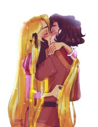 2girls artist_name belt black_hair blonde_hair blush brown_shirt cassandra_(tangled) closed_eyes dress gloves hand_on_another&#039;s_cheek hand_on_another&#039;s_face highres hug kiss long_hair multiple_girls noidontgetthis off-shoulder_shirt off_shoulder pink_dress rapunzel_(disney) red_shirt shirt shirt_under_shirt short_hair tangled rapunzel&#039;s_tangled_adventure very_long_hair white_background yuri