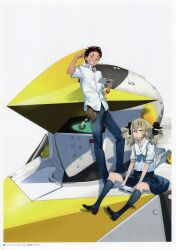 1boy 1girl absurdres belt_pouch between_legs black_bow black_shoes blonde_hair blue_bow blue_pants blue_skirt blue_socks bow brown_eyes brown_hair charm_(object) chest_bow chuo_tanegashima_high_school_uniform clenched_hand clenched_teeth collarbone collared_shirt ears_visible_through_hair fukuda_tomonori full_body grin gunvarel hair_bow hair_ribbon hand_between_legs hand_up highres holding holding_tablet_pc kneehighs koujiro_frau leather_belt loafers long_hair looking_at_phone looking_down mecha multiple_hair_bows narrowed_eyes official_art open_collar pants phone pleated_skirt pouch red_eyes red_hair red_shoes red_undershirt ribbon robot robotics;notes sailor_collar school_uniform serafuku shadow shirt shoes short_hair short_sleeves sitting skirt sleepy smile sneakers socks standing t-shirt tablet_pc teeth twintails white_background white_sailor_collar white_shirt yashio_kaito