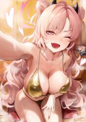 1girl absurdres akutonoeru armpits bikini black_horns blue_archive blush breasts cleavage commentary_request demon_horns double_bun fang fingernails gold_bikini hair_bun halo heart heart-shaped_pupils highres horns kirara_(blue_archive) large_breasts long_fingernails long_hair looking_at_viewer nail_polish nose_blush one_eye_closed outstretched_arm pink_eyes pink_hair pink_halo pink_nails seiza sitting skin_fang solo steam swimsuit symbol-shaped_pupils w wavy_hair