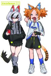 2girls :&lt; ^_^ ahoge animal_ear_fluff animal_ear_piercing animal_ears arm_up artist_logo artist_name bags_under_eyes black_gloves black_hair black_hoodie black_shoes black_shorts black_skirt black_streaks black_tail blue_eyes blue_socks blue_trim breast_pocket buckle cat_ears cat_girl cat_tail closed_eyes closed_mouth clothes_lift cocked_eyebrow collared_shirt collared_sweater contrapposto cross_piercing crossed_ankles curled_tail dot_nose double-parted_bangs double_vertical_stripe drawstring english_text eyebrows_hidden_by_hair fang fingerless_gloves flats gloves grey_hair grey_hoodie grey_socks hair_intakes half-closed_eye half-closed_eyes hand_in_own_hair hand_in_pocket hand_on_own_head hand_on_own_stomach hand_up hashtag highres holding holding_phone hood hood_down hoodie invisible_floor kneehighs large_ears legs_apart legs_together lifting_own_clothes logo long_eyelashes long_sleeves looking_at_viewer loose_socks miniskirt multicolored_hair multiple_girls narrowed_eyes notched_ear one_eye_closed open_mouth orange_hair orange_tail original parted_bangs phone pleated_skirt pocket print_shirt puffy_long_sleeves puffy_sleeves raised_eyebrow red_eyes ribbed_socks scratching_head scratching_stomach shirt shirt_lift shoes short_hair shorts sidelocks skirt sleepy snap-fit_buckle sneakers socks sportswear squinting standing streaked_hair striped_tail tag tail tearing_up teeth thick_eyebrows thick_eyelashes thighs tsurime two-tone_hair two-tone_hoodie two-tone_tail two_side_up v-shaped_eyebrows wadguym white_background white_sneakers wide_sleeves yawning zipper zipper_pull_tab
