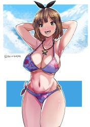 1girl absurdres armpits arms_behind_head arms_up atelier_(series) atelier_ryza atelier_ryza_1 bare_shoulders bikini black_ribbon blue_sky breasts brown_eyes brown_hair cleavage cloud covered_erect_nipples hair_ornament hair_ribbon hairclip highres jewelry julioalqae large_breasts looking_at_viewer multicolored_bikini navel necklace o-ring o-ring_bottom open_mouth reisalin_stout ribbon short_hair sky smile star_(symbol) star_necklace stomach swimsuit thighs underboob