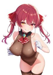 1girl absurdres ascot black_choker blush breasts brown_leotard brown_thighhighs choker closed_mouth covered_navel gloves gluteal_fold hair_ribbon heart heart_print heterochromia highres hololive houshou_marine houshou_marine_(1st_costume) huge_breasts leotard long_hair looking_at_viewer red_ascot red_eyes red_hair red_ribbon ribbon ryu160303 simple_background smile solo thigh_gap thighhighs thighs tongue tongue_out twintails virtual_youtuber white_background white_gloves yellow_eyes