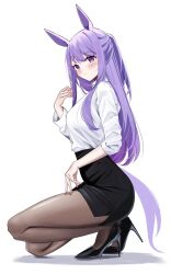Rule 34 | 1girl, animal ears, black shoes, black skirt, blush, brown pantyhose, closed mouth, commentary request, conconcon1031, from side, full body, half updo, hand up, high heels, highres, long hair, long sidelocks, long sleeves, looking at viewer, looking to the side, miniskirt, office lady, original, pantyhose, pencil skirt, purple eyes, purple hair, shirt, shirt tucked in, shoes, sidelocks, simple background, skirt, solo, white background, white shirt
