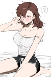 1girl ? alternate_costume alternate_hairstyle barefoot black_shorts blush breasts brown_hair camisole cleavage commentary_request eyelashes hair_between_eyes hair_down highres medium_breasts one_eye_closed or_i_i persona persona_3 persona_3_portable red_eyes shiomi_kotone short_shorts shorts simple_background sitting solo spoken_question_mark strap_slip waking_up white_background white_camisole