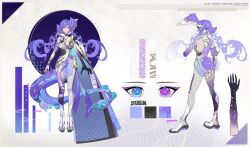 Rule 34 | 1girl, alternate costume, asymmetrical arms, asymmetrical clothes, blue eyes, breasts, character name, cleavage, dress, english text, full body, head wings, heterochromia, large breasts, multiple views, nijisanji, nijisanji en, orange sekaii, pantyhose, purple eyes, purple hair, selen tatsuki, shoes, straight-on, tail, tight clothes, virtual youtuber, white background, white footwear, wings