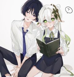 1boy 1girl :&lt; ? aged_down alternate_costume belt between_legs black_belt black_hair black_pants blouse blunt_ends book collared_shirt colored_tips contemporary cross-shaped_pupils eyeliner eyeshadow fingernails genshin_impact green_eyes green_hair green_ribbon hair_between_eyes hair_intakes hair_ornament half_crown_braid hand_between_legs hands_on_floor head_tilt heads_together heart heart_hair_ornament highres holding holding_book leaf leaf_hair_ornament light_blush long_hair looking_at_viewer makeup multicolored_hair nahida_(genshin_impact) necktie onigiri_po_0205 open_book open_hands pants pointy_ears purple_eyes purple_necktie purple_pupils red_eyeliner red_eyeshadow ribbon scaramouche_(genshin_impact) school_uniform shirt shoes side-by-side side_ponytail sidelocks sitting sleeves_rolled_up socks spoken_question_mark symbol-shaped_pupils tongue tongue_out tsurime wanderer_(genshin_impact) wariza white_background white_hair white_shirt white_shoes white_sleeves white_socks