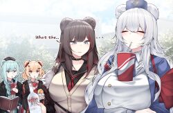 ... 4girls absurdres alcohol animal_ears aqua_hair arknights arms_under_breasts bear_ears bear_girl black_jacket black_sailor_collar blonde_hair blue_eyes blue_hat blue_jacket book bottle braid breasts brown_cardigan brown_hair bubble_tea_challenge candy_hair_ornament cardigan closed_eyes commentary_request cup day disposable_cup drinking drinking_straw drinking_straw_in_mouth english_text eyeliner facing_viewer food food-themed_hair_ornament gummy_(arknights) hair_between_eyes hair_ornament hairclip hat highres holding holding_book holding_bottle holding_cup holding_food istina_(arknights) jacket large_breasts long_hair long_sleeves looking_at_another looking_at_breasts makeup monocle multicolored_hair multiple_girls neckerchief object_on_breast open_book outdoors parted_lips red_eyeliner red_eyes red_neckerchief red_streaks rosa_(arknights) sailor_collar samip short_hair single_braid streaked_hair upper_body vodka white_hair zima_(arknights)