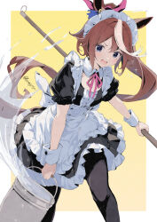 1girl :d alternate_costume animal_ears apron black_dress black_pantyhose blue_eyes border brown_hair bucket dress enmaided frilled_apron frills highres holding holding_bucket holding_mop horse_ears horse_girl horse_tail kannagiray long_hair looking_at_viewer maid maid_apron maid_headdress mop multicolored_hair open_mouth pantyhose ponytail puffy_short_sleeves puffy_sleeves short_sleeves simple_background smile solo streaked_hair tail tokai_teio_(umamusume) twitter_username two-tone_hair umamusume waist_apron white_apron white_border white_hair yellow_background