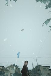 1boy bird black_hair black_jacket breath building dated grey_sky hands_in_pockets haragayowainja hawk highres jacket original overcast power_lines road_sign scarf short_hair sign sky snowing solo tree wide_shot winter