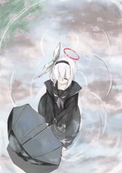 1girl absurdres black_hairband black_jacket black_sailor_collar black_serafuku black_shirt black_skirt black_umbrella blue_archive braid closed_mouth from_above grey_eyes grey_neckerchief hair_over_one_eye hairband halo highres jacket kogure0012 long_hair looking_to_the_side neckerchief plana_(blue_archive) rain red_halo reflection reflective_water sailor_collar school_uniform serafuku shirt sidelocks single_braid skirt solo umbrella white_hair