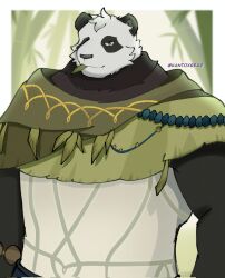 1boy afk_(series) afk_journey animal_ears armor artist_name bara biceps black_fur closed_mouth commentary english_commentary furry furry_male green_scarf highres kantoxbear leaf_in_mouth looking_at_viewer male_focus multicolored_fur muscular muscular_male panda_boy panda_ears pang_(afk) scarf smile twitter_username white_fur