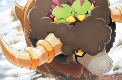afro animal animal_focus black_eyes bouffalant closed_eyes closed_mouth colored_sclera gen_2_pokemon gen_5_pokemon grass hooves horns natu nintendo official_art pokemon pokemon_(creature) pokemon_tcg saitou_kouki sanosuke_sakuma smile snow walking yellow_sclera