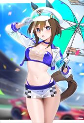 1girl absurdres alternate_costume animal_ears arm_up artist_name blue_choker blue_eyes blurry blurry_background breasts brown_hair checkered_clothes checkered_skirt cheval_grand_(umamusume) choker cleavage commentary confetti crop_top ears_through_headwear gloves hat highleg highres holding holding_umbrella horse_ears horse_girl horse_tail jacket large_breasts letterboxed looking_at_viewer midriff multicolored_hair navel open_mouth peaked_cap race_queen short_hair skirt solo stomach streaked_hair symbol-only_commentary tail thighs translucent ugohato umamusume umbrella upper_body white_gloves white_hair white_hat white_jacket