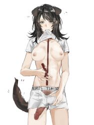 1girl aegyo_sal animal_ears bang_dream! bang_dream!_it&#039;s_mygo!!!!! between_breasts black_hair breasts breasts_apart brown_tail clothes_lift collar collarbone commentary cowboy_shot dog_ears dog_girl dog_tail feiyu30903448 female_pubic_hair flipped_hair futanari girthy_penis grey_eyes highres holding holding_leash kemonomimi_mode leash lifting_own_clothes looking_at_viewer medium_breasts medium_hair mouth_hold navel nipples penis pubic_hair red_collar shirt shirt_lift short_shorts short_sleeves shorts simple_background solo standing straight-on sweat swept_bangs tail teeth white_background white_shirt white_shorts yahata_umiri