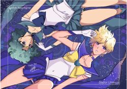 Rule 34 | 2girls, aqua choker, aqua hair, bishoujo senshi sailor moon, blonde hair, blue bow, blue bowtie, blue choker, blue sailor collar, blue skirt, bow, bowtie, breasts, brooch, character name, choker, circlet, commentary, earrings, english commentary, gloves, hannaphilip, heart, heart brooch, jewelry, kaiou michiru, leotard, long hair, looking at viewer, lying, magical girl, miniskirt, multiple girls, purple eyes, sailor collar, sailor neptune, sailor senshi, sailor senshi uniform, sailor uranus, short hair, signature, skirt, star (symbol), star choker, ten&#039;ou haruka, white gloves, white leotard, yellow bow, yellow bowtie