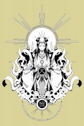 1girl amaterasu_(mythology) circlet commentary_request expressionless halo highres japanese_mythology long_hair looking_at_viewer robe solo straight-on yamada_satoshi