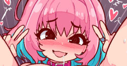 Rule 34 | 1girl, @ @, ahoge, aqua hair, belt, belt collar, black eyes, blush, breasts, choker, collar, colored inner hair, commentary, cropped, double v, drooling, english commentary, heart, huge breasts, idolmaster, idolmaster cinderella girls, idolmaster cinderella girls starlight stage, jewelry, legs up, looking at viewer, medium hair, motion lines, multicolored hair, open mouth, paid reward available, pink belt, pink choker, pink collar, pink hair, pongldr, ring, saliva, smile, sweat, tongue, tongue out, two-tone hair, v, yumemi riamu