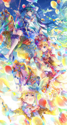 1boy 2girls animal aqua_hair ascot bad_id bad_pixiv_id balloon bird blonde_hair blue_footwear bow bowtie brooch carousel detached_collar detached_sleeves diamond_(shape) ekita_kuro facial_mark flag flower frills gem hair_bow hair_ornament hairclip happy hat hat_flower hatsune_miku highres jewelry kagamine_len kagamine_rin lace long_hair long_sleeves multiple_girls one_eye_closed outdoors outstretched_hand polka_dot puffy_short_sleeves puffy_sleeves ribbon riding rose shoes short_hair short_sleeves sitting sky smile socks spade striped_bow striped_bowtie striped_clothes striped_neckwear striped_sleeves twintails very_long_hair vocaloid white_legwear wrist_cuffs