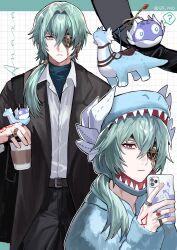 1boy absurdres alternate_costume anaxa_(honkai:_star_rail) aqua_hair black_jacket black_pants blue_eyes cup highres holding holding_cup holding_phone honkai:_star_rail honkai_(series) jacket male_focus medium_hair multiple_views nongxy_nonshi one_eye_covered pants phone pink_pupils shirt side_ponytail solo stuffed_animal stuffed_toy upper_body white_shirt