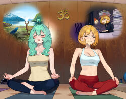 2girls :d aqua_hair asymmetrical_hair ball barefoot bird black_pants black_suit blonde_hair bob_cut book book_on_head bottle can closed_eyes computer deer desk_lamp double-parted_bangs drink_can exercise_ball feet formal_clothes frown full_body hands_on_own_knees highres computer_keyboard lake lamp legs_folded light_blush long_hair meditation medium_hair mountain multiple_girls nahia_(some1else45) navel object_on_head open_mouth original pants paper_stack parted_bangs red_bull red_eyes red_pants scenery sekoshi_(some1else45) shaded_face sitting sky smile soda_can some1else45 suit sweatdrop tank_top toenails toes typing water_bottle wavy_mouth white_tank_top yellow_tank_top yoga yoga_mat yoga_pants