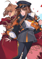 2girls ahoge back-to-back black_jacket black_pantyhose black_skirt blonde_hair brown_eyes brown_hair dress epaulettes falling_petals fate/grand_order fate_(series) green_eyes grey_sailor_collar grid_background hair_intakes hat high_collar highres jacket juliet_sleeves kishinami_hakuno_(female) kishinami_hakuno_(female)_(mooncancer) long_sleeves military_hat military_uniform multiple_girls neckerchief nero_claudius_(fate) nero_claudius_(fate/extra) orange_neckerchief orange_skirt orange_trim pantyhose petals pleated_skirt puffy_long_sleeves puffy_sleeves red_dress rose_petals sailor_collar school_uniform serafuku shirt simple_background skirt two-tone_skirt uxco0 white_background white_shirt wide_sleeves