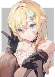 1girl absurdres aizawa_ema aizawa_ema_(1st_costume) amopui bare_shoulders black_gloves blonde_hair blue_eyes choker flower_hairpin gloves hair_flaps hair_ornament hairpin highres lace lace_choker long_hair looking_at_viewer simple_background solo upper_body v virtual_youtuber vspo!